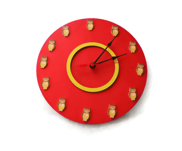 Round Large red color wall clock, Owl wall clock, Kids, Home, Wall art, Children room, Christmas gif