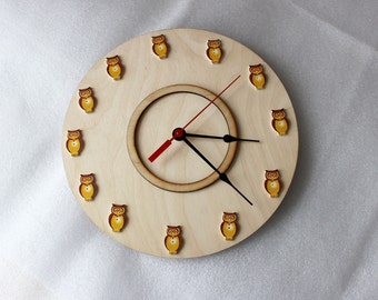 Modern wall clock, Wall clock Kids room, yellow owl wall clock, round large wall clock, Wall art