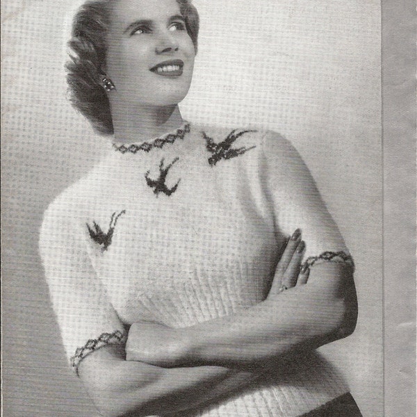 Patons 345 Jumper with birds - 34" Bust - Vintage 1950s knitting pattern download