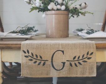 Monogram letter runner, scroll accent runner,natural Burlap Table Runner, Table Runner, home decor, Farmhouse Table Runner * Free Shipping*