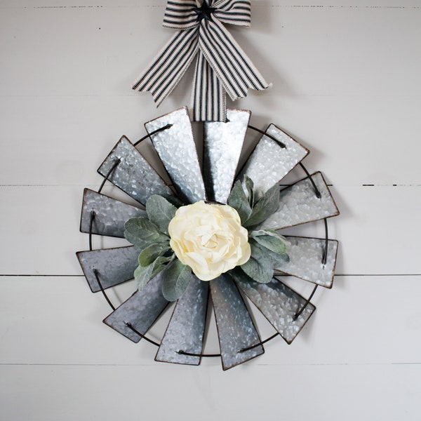 17 inch Galvanized Windmill Wall Hanging, Windmill Wall Decor, Farmhouse Windmill, Metal Windmill with Peony Flower and Lambs Ear