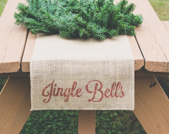 Jingle Bells Natural Burlap Table Runner, Table Runner, Holiday Table Runner, Christmas Table Runner