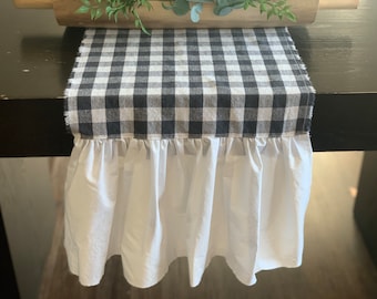 Gray and white plaid cotton fabric runner with white ruffle Farmhouse styleTable Runner * Free Shipping*