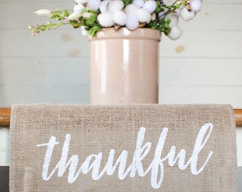 Thankful Natural Burlap Table Runner, Table Runner, Thankful, Thanksgiving, Farmhouse Table Runner *Free Shipping *gift under 20