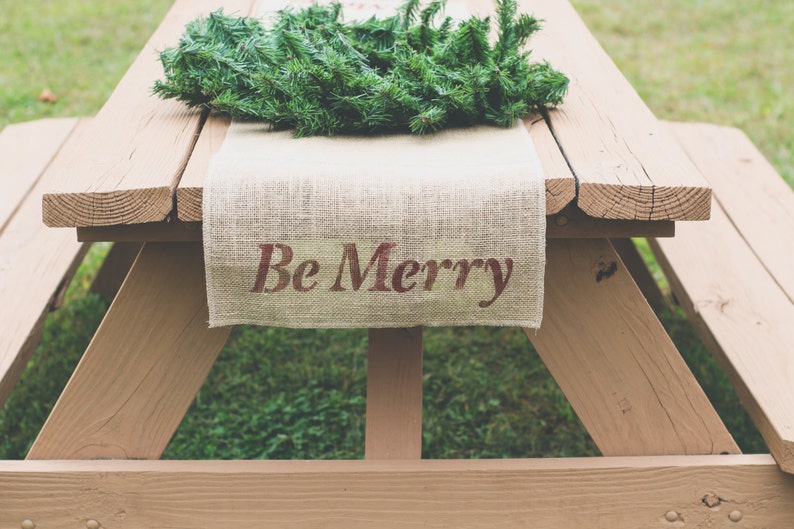 Burlap Table Runner, Table Runner, Holiday Table Runner, Be Merry, Christmas Table Runner image 2