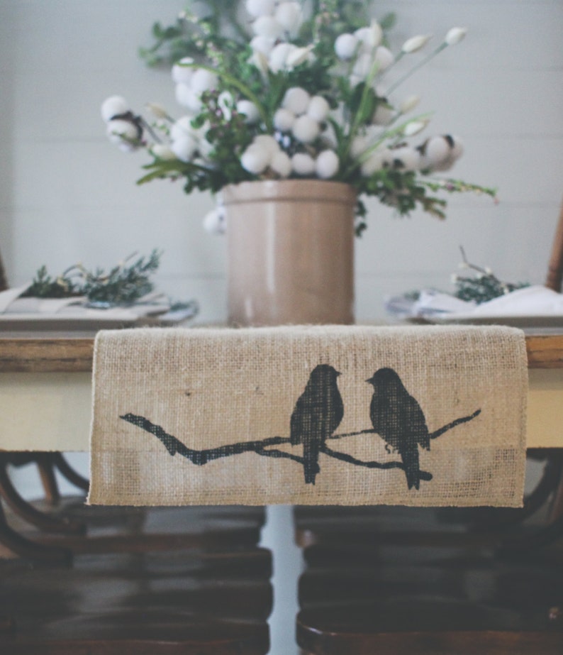 Burlap Table Runner, natural burlap Runner, Bird Table Runner, Perched Birds, Farmhouse styleTable Runner Free Shipping gift under 20 image 1