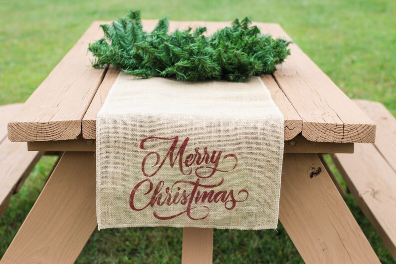 Merry Christmas Burlap Table Runner Table Runner Holiday Etsy