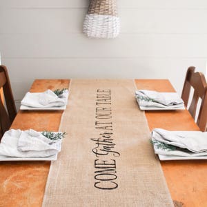 Come gather at our table Natural Burlap Table Runner, Table Runner, burlap runner, farmhouse style table runner * free Shipping*