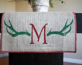 Monogram letter runner, deer antlers runner, red trim Burlap Table Runner, Table Runner home decor, Farmhouse Table Runner, *Free Shipping*