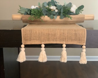 Burlap Table Runner, natural burlap Runner, Cotton tassels Farmhouse styleTable Runner * Free Shipping* gift under 20