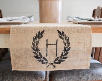 Monogram letter runner,Natural Burlap Table Runner, Table Runner home decor, Farmhouse Table Runner, wreath circle monogram *Free Shipping *