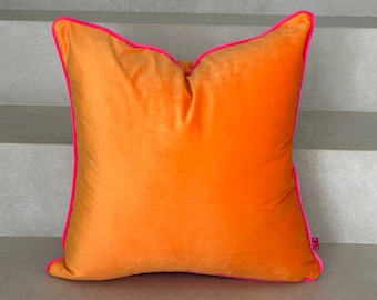 Funda de almohada de terciopelo naranja, funda de cojín de terciopelo naranja con ribetes rosas fuertes