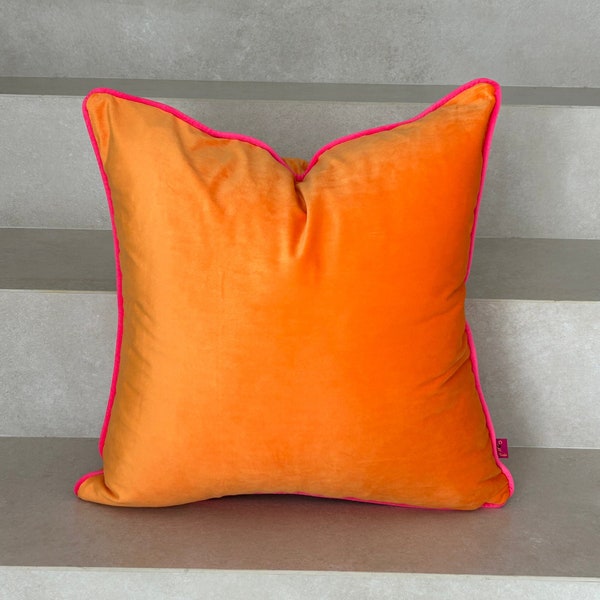 Housse de coussin en velours orange, housse de coussin en velours orange avec passepoil rose vif