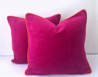 Fuchsia Velvet Pillow Cover,  Velvet Cushion Cover with Orange Piping