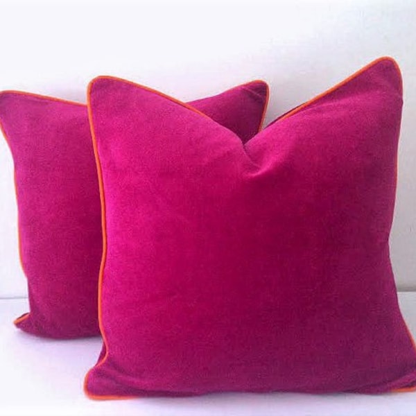 Fuchsia Velvet Pillow Cover,  Velvet Cushion Cover with Orange Piping