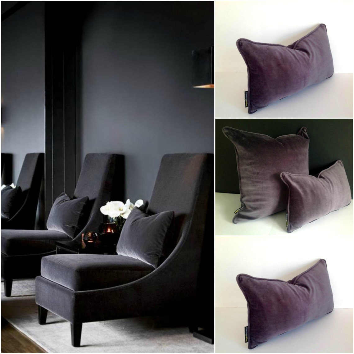 Grey Velvet Lumbar Throw Pillow Cover Grey Cushion Cover Etsy