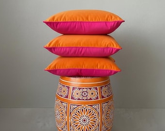 Funda de almohada de terciopelo fucsia, rosa fuerte y naranja, funda de cojín bicolor