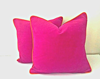 Hot Pink Velvet Pillow Cover, Velvet Cushion Cover with Orange Piping