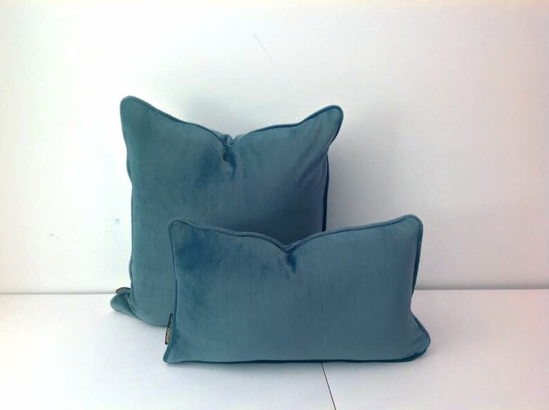 Petrol Blue Velvet Lumbar Throw Pillow Cover Peacock Grey Etsy