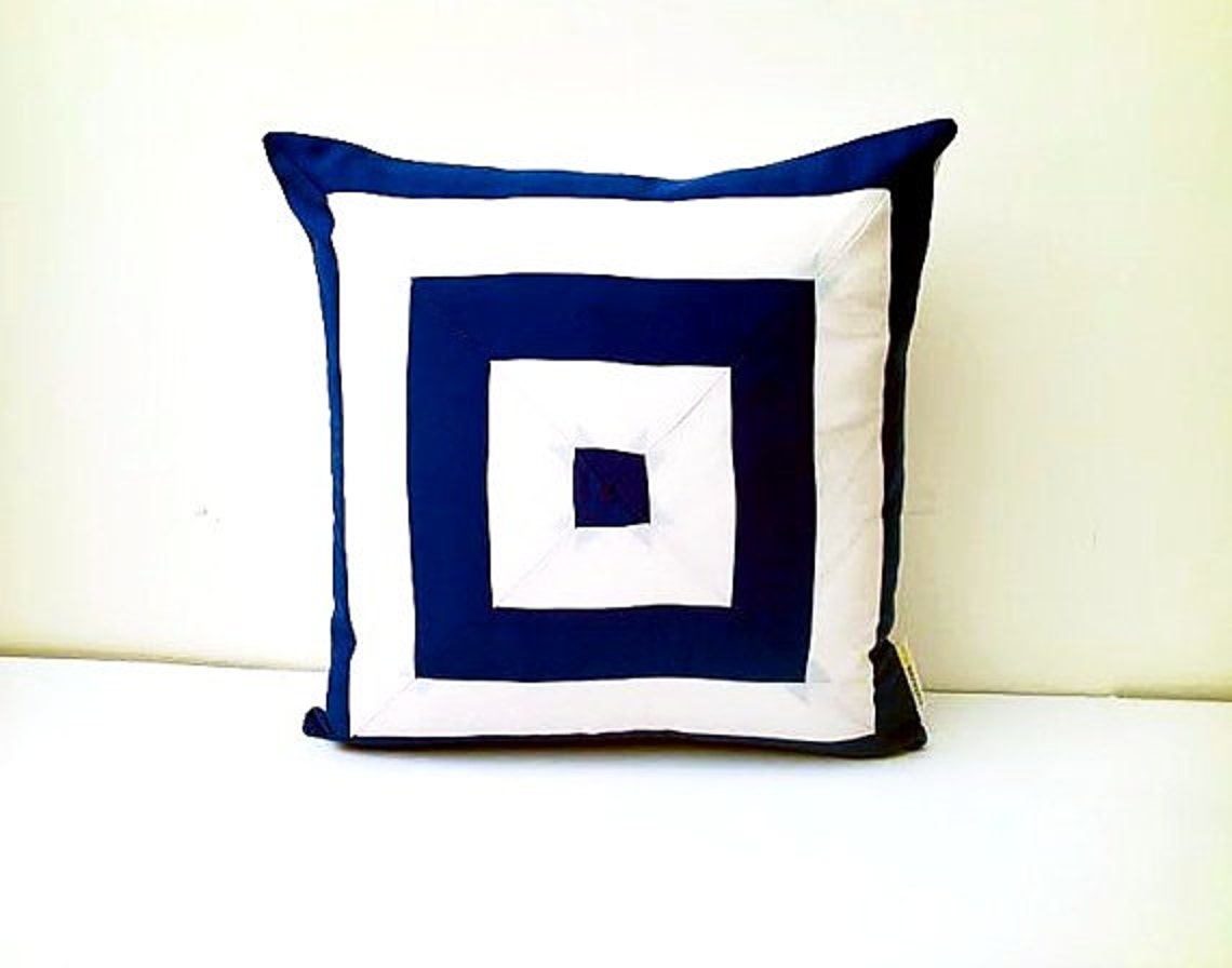 Navy Blue and White Throw Pillow Cover Square Design Cushion Etsy