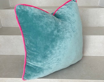 Mint and Fuchsia Velvet Pillow Cover, Velvet Cushion Cover with Hot Pink Piping