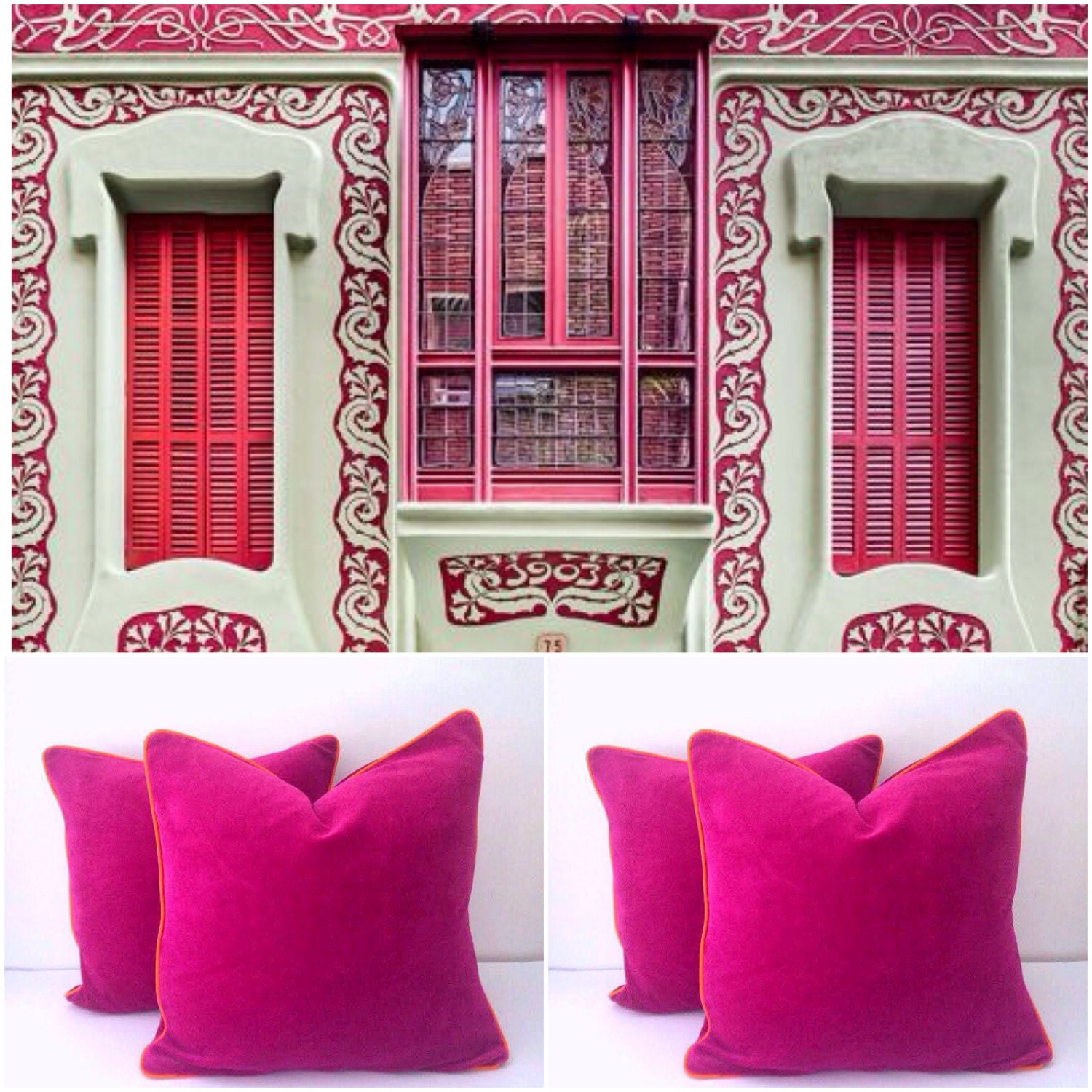Fuchsia Velvet Pillow Cover Velvet Cushion Cover With Orange Piping