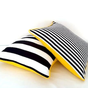 Black and White Wide Striped Throw Pillow Cover, Stripes With Yellow Back Cushion
