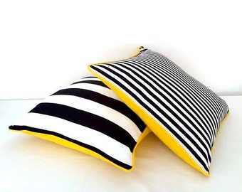 Black and White Striped Throw Pillow Cover, Thin Black and White Stripes With Yellow Back, Beach Cushion Design