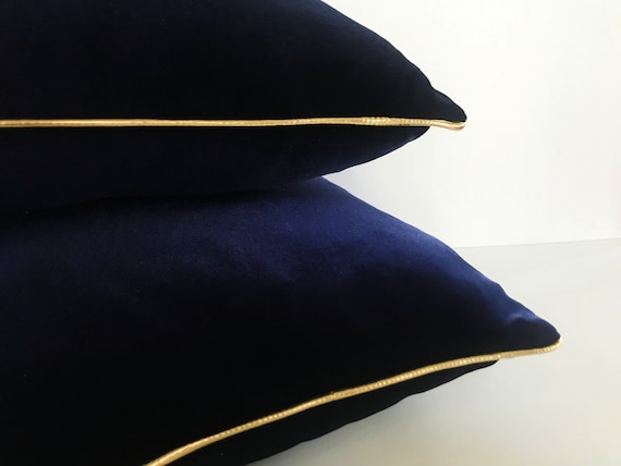 Gold and Navy Blue Velvet Pillow Cover, Velvet Blue Cushion Cover With Gold Piping