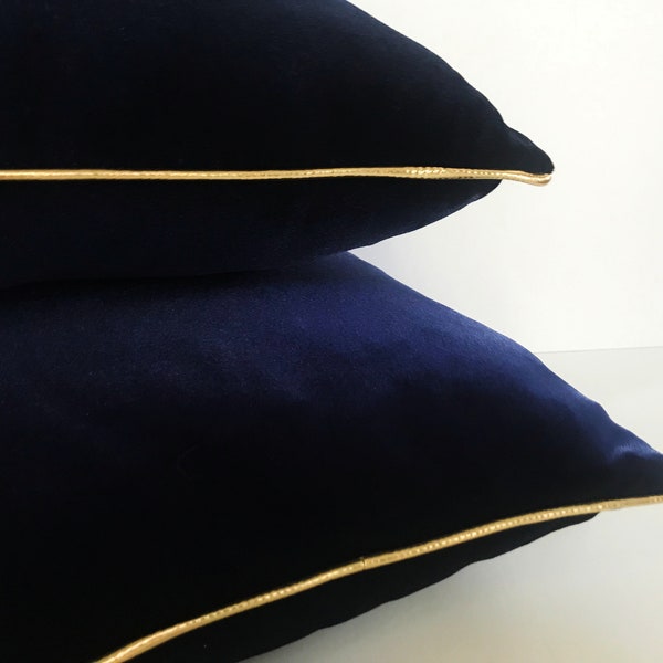 Gold and Navy Blue Velvet Pillow Cover, Velvet Blue Cushion Cover With Gold Piping