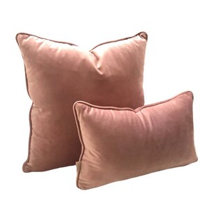 May include: Two pink velvet throw pillows, one larger than the other, with a soft, plush texture.