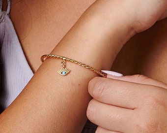 Evil Eye Bracelet, 14k Gold Filled Charm Bracelet, Dainty Cuff Bracelet, Evil Eye Jewelry, Stacking Bracelet,  Best Friend Birthday Gifts