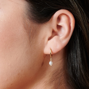 Small Gold Hoop Earrings With Pearl Charm, Pearl Hoop Earrings, Huggie Pearl Earrings, Dainty Dangle Earrings, Best Friend Gifts