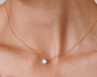 Tiny Diamond Necklace, Floating Diamond Solitaire Necklace, CZ Necklace, Bridesmaid Gifts, Dainty Diamonde Gold Necklace