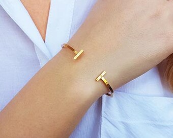 Bar cuff bracelet, Gold cuff bracelet, T bracelet, Stacking bracelet, Open bangle bracelet, Skinny cuff, Adjustable cuff, Minimalist jewelry