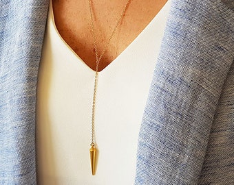 Gold Long Y Necklace, Gold Spike Necklace, Drop Necklace, Minimal Y Necklace, Gold Lariat Necklace, Fashion Jewelry, Modern Necklace Gold