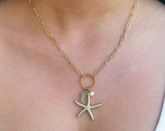 Chunky Charms Necklace, Chain Charm Gold Necklace, Birthday Gift for Her, Beach Jewelry, Starfish Necklace, Surfer Necklace, Ocean Necklace