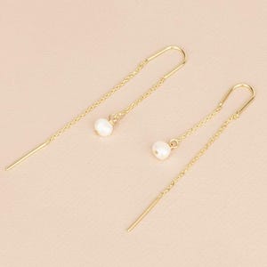 Gold Chain Threader Earrings: 14K Gold Filled Dangle Pearl Drop