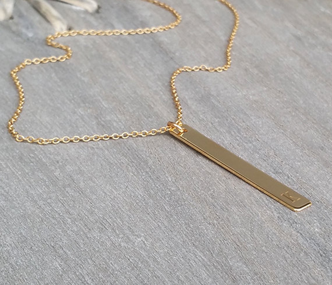 Vertical Gold Bar Necklace Birthday Gift Long Initial Etsy