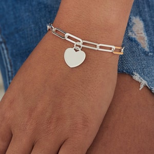 Sterling Silver Heart Bracelet, Silver Charm Bracelet, Heart Bracelets for Women, Gifts for Mom, Chunky Chain Bracelet, Silver Heart Charm image 4