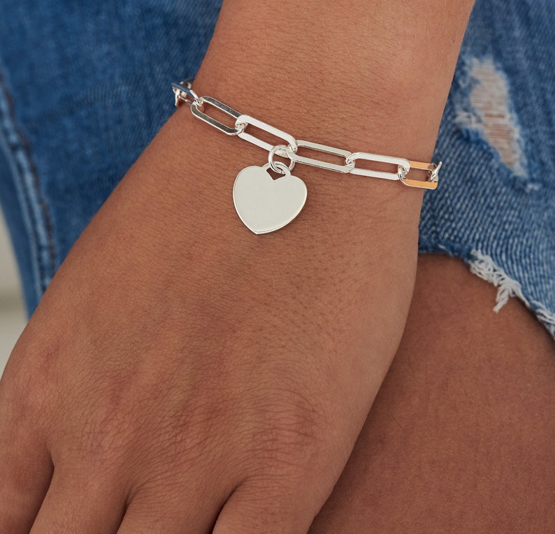 Sterling Silver Heart Bracelet, Silver Charm Bracelet, Heart Bracelets for Women, Gifts for Mom, Chunky Chain Bracelet, Silver Heart Charm image 4