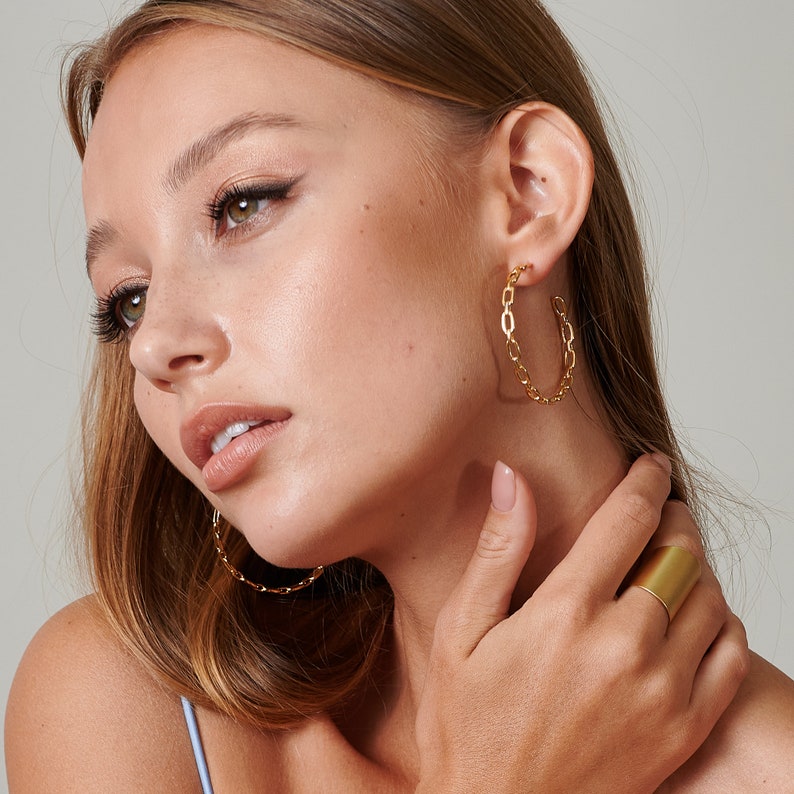 Large Hoop Earrings, Statement Earrings Lightweight, 45mm Chain Hoop Earrings, Link Hoop Earrings, Gold Filled Earrings image 1