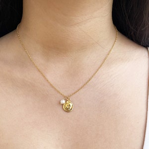 Dainty Gold Flower Necklace with Tiny Pearl Charm, Gold Flower Pendant Necklace , Valentines Jewelry Gifts image 1