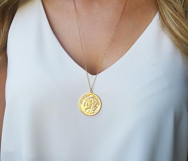 Coin Necklace, Gold Pendant Necklace, Medallion Necklace for Women, Layered Necklace, Long Gold Necklace, Handmade Gift image 4