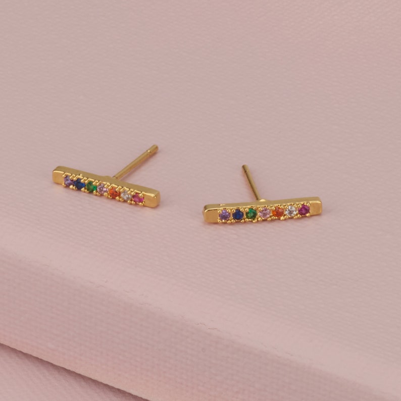 Tiny Earrings, Multicolor Earrings, Rainbow Earrings, Gold Earrings, Dainty Post Earrings, Line Earrings, Bar Earrings image 2
