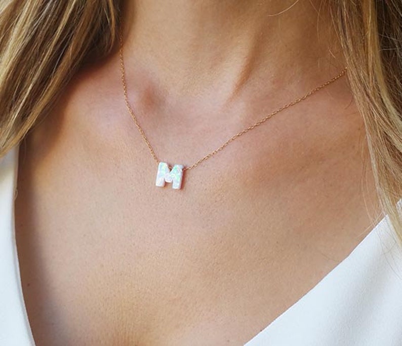 Gold Letter Necklace Mothers Necklace Initial Necklace Opal Etsy