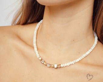 Pearl Necklace, Freshwater, Handmade Shell and Pearl Beads Choker