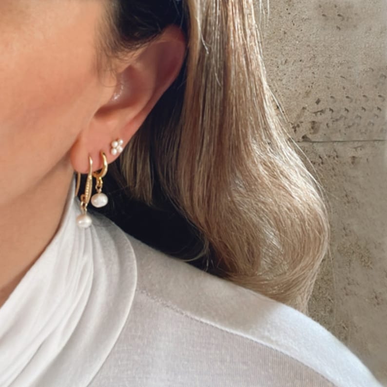 Stacking Earrings Set of 3, Gold Earrings Set with Pearls, Delicate Stud Earrings, Minimalist Huggie Hoop Earrings, Tiny hoops Earrings image 5