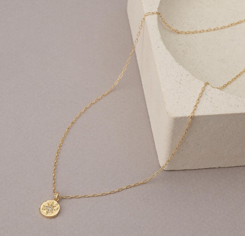 Tiny Disc Necklace, Gold Filled Starburst Necklace, Dainty Coin Necklace, North Star Necklace, Starburst Charm Necklace, Celestial Jewelry image 4