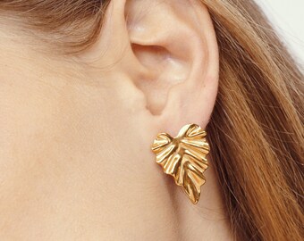 Gold Leaf Earrings, 18K Gold Plated Stainless Steel Studs
